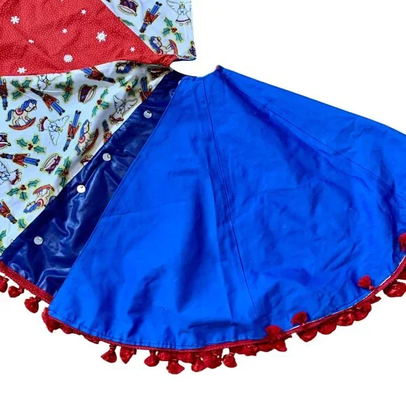 Handmade Xmas Tree Skirt Nutcracker Snowflakes Angels Beaded Quilted PomPom Trim